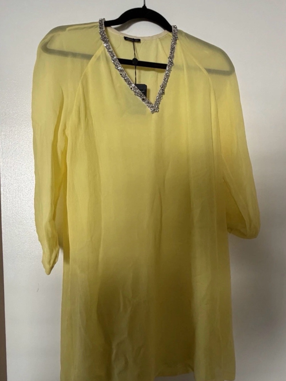 Magaschoni Pale Yellow Chiffon Tunic with Crystal Trim V-Neck